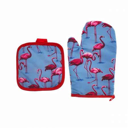 Manusi bucatarie - Set bucatarie Flamingo Blue, contine manusa profesionala pentru cuptor si suport oala
