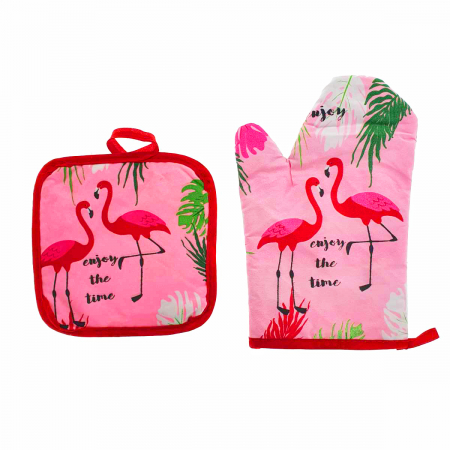 Manusi bucatarie - Set bucatarie Flamingo Pink , contine manusa profesionala cuptor si suport oala