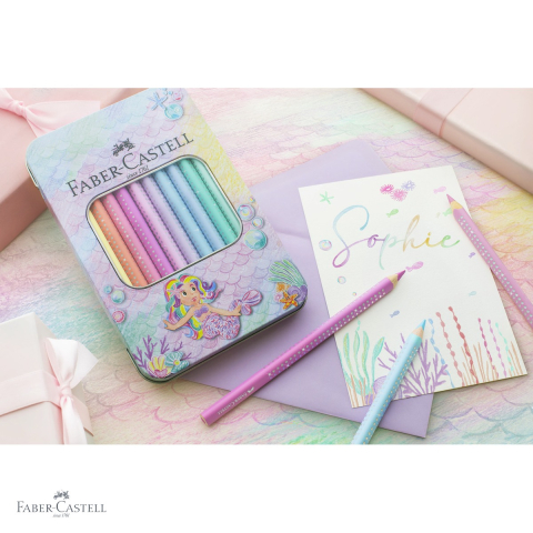 Set cadou 10 creioane colorate jumbo Faber-Castell Sparkle, pastel, cutie metalica sirena, pentru copii [3]