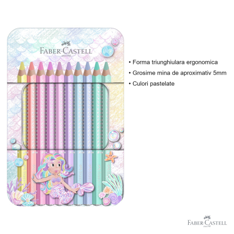Set cadou 10 creioane colorate jumbo Faber-Castell Sparkle, pastel, cutie metalica sirena, pentru copii [2]