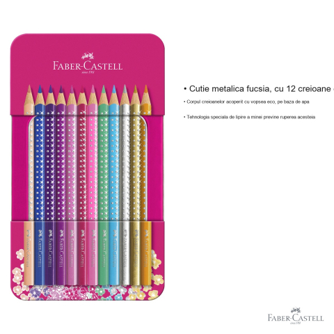 Set cadou 12 creioane colorate Faber-Castell Sparkle, cu sclipici, cutie metalica fucsia, pentru copii [2]