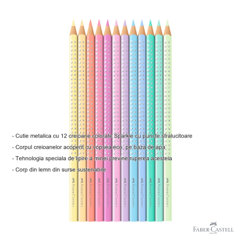 Set cadou 12 creioane colorate pastel Faber-Castell Sparkle, cutie metalica, culori stralucitoare, pentru copii [1]