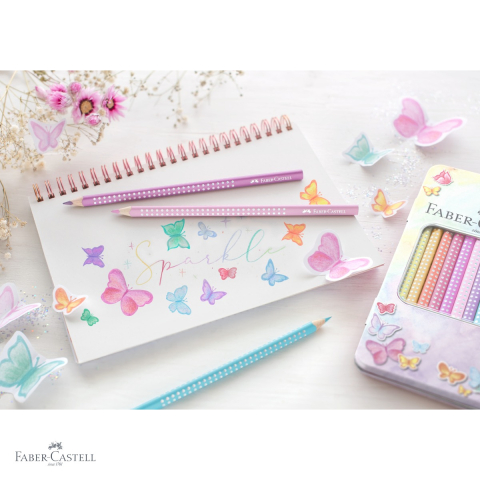 Set cadou 12 creioane colorate pastel Faber-Castell Sparkle, cutie metalica, culori stralucitoare, pentru copii [3]