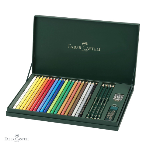 Set cadou 20 creioane colorate Faber-Castell Polychromos + 4 creioane grafit Castell 9000 + accesorii, pentru artisti [3]