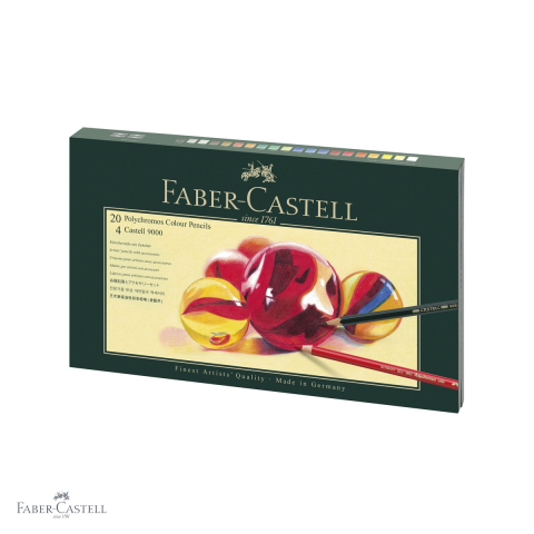Creioane colorate permanente - Set cadou 20 creioane colorate Faber-Castell Polychromos + 4 creioane grafit Castell 9000 + accesorii, pentru artisti