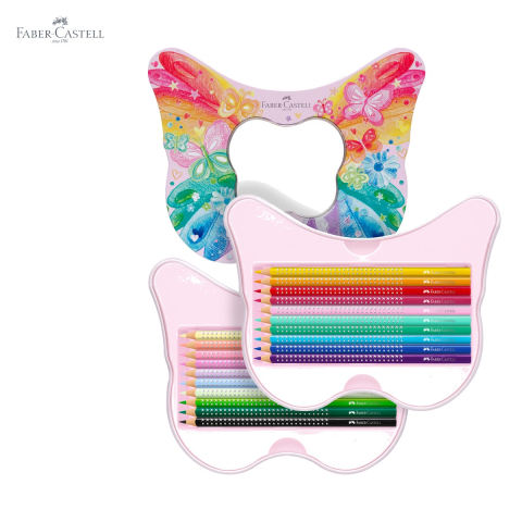 Set cadou 20 creioane colorate Faber-Castell Sparkle Butterfly, standard si pastel, cutie metalica fluture pentru copii [4]