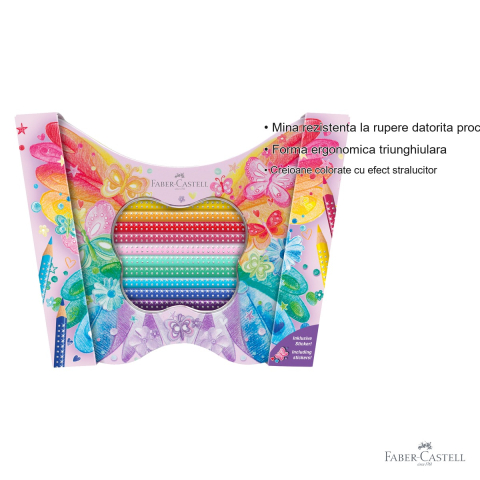 Set cadou 20 creioane colorate Faber-Castell Sparkle Butterfly, standard si pastel, cutie metalica fluture pentru copii [2]