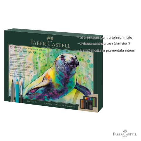 Set cadou 32 creioane colorate acuarela Faber-Castell Albrecht Durer cu 4 markere Pitt Artist si pensula pentru tehnici mixte [2]