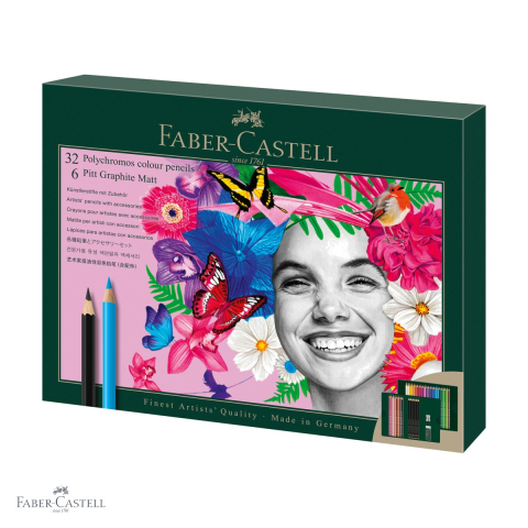 Creioane colorate permanente - Set cadou Faber-Castell Polychromos 32 creioane colorate + 6 creioane grafit Matt + accesorii, pentru artisti