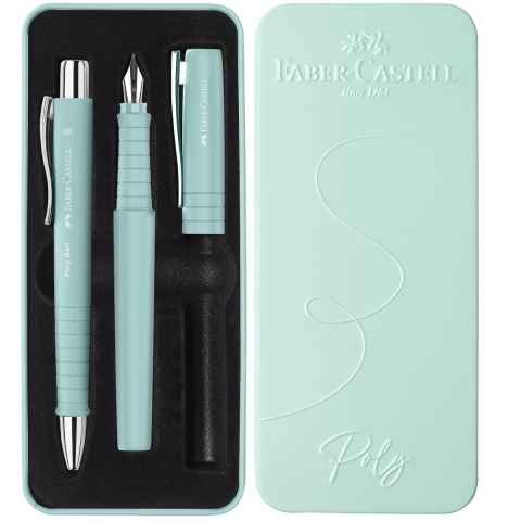 Birotica papetarie - Set Cadou Scriere Poly Faber-Castell Albastru Caraibe - Stilou Penita B & Pix XB, Grip Triunghiular, in Cutie Eleganta