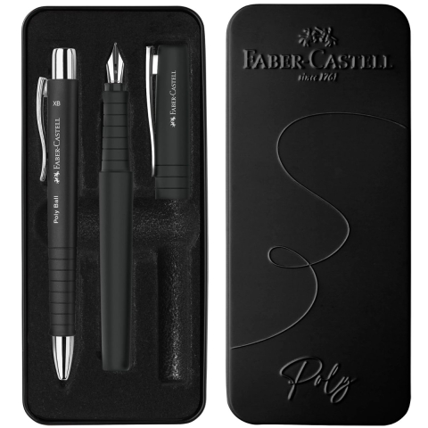 Birotica papetarie - Set Cadou Scriere Poly Faber-Castell Negru - Stilou Penita B & Pix XB, Grip Triunghiular, in Cutie Eleganta
