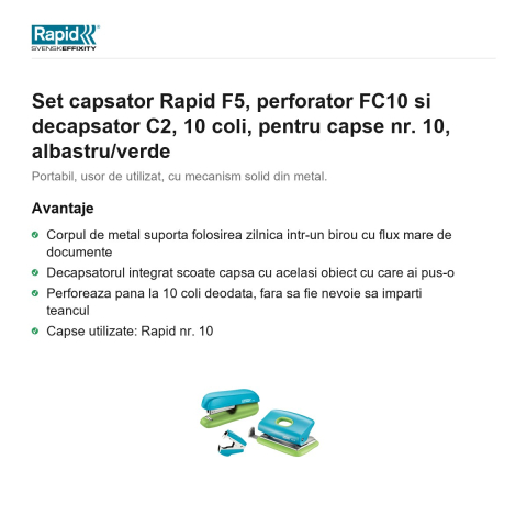Set capsator Rapid F5, perforator FC10 si decapsator C2, 10 coli, pentru capse nr. 10, albastru/verde [1]