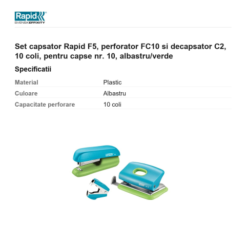Set capsator Rapid F5, perforator FC10 si decapsator C2, 10 coli, pentru capse nr. 10, albastru/verde [2]