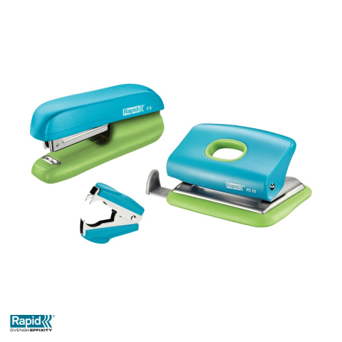 Capsatoare - Set capsator Rapid F5, perforator FC10 si decapsator C2, 10 coli, pentru capse nr. 10, albastru/verde