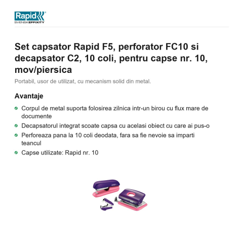 Set capsator Rapid F5, perforator FC10 si decapsator C2, 10 coli, pentru capse nr. 10, mov/piersica [1]