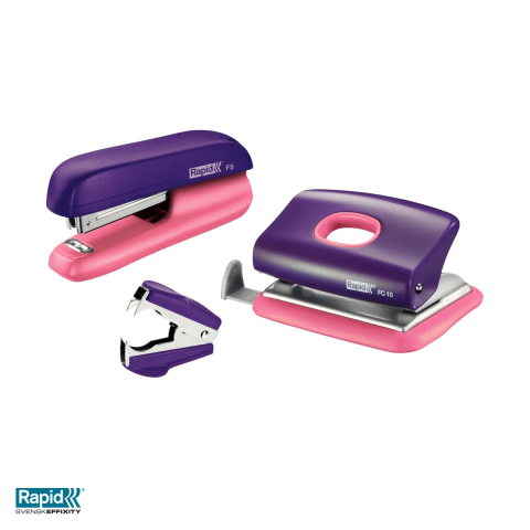Capsatoare - Set capsator Rapid F5, perforator FC10 si decapsator C2, 10 coli, pentru capse nr. 10, mov/piersica