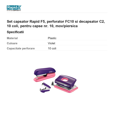 Set capsator Rapid F5, perforator FC10 si decapsator C2, 10 coli, pentru capse nr. 10, mov/piersica [2]