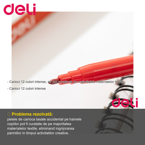 Set carioci Deli, 12 culori intense, lavabile de pe textile, pentru copii [1]