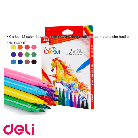 Set carioci Deli, 12 culori intense, lavabile de pe textile, pentru copii [2]