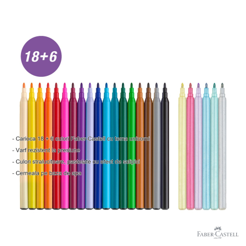 Set carioci Faber-Castell tema unicorni, 18 culori standard + 6 pastel cu sclipici, pentru desen si pictura [1]
