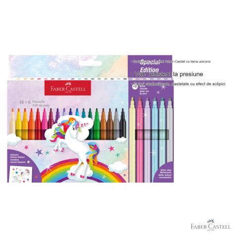 Set carioci Faber-Castell tema unicorni, 18 culori standard + 6 pastel cu sclipici, pentru desen si pictura [2]
