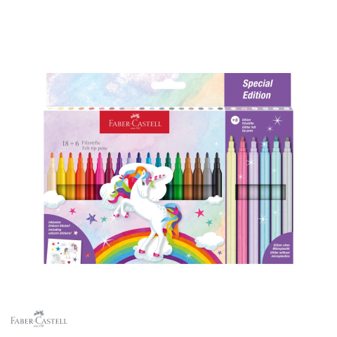 Set carioci Faber-Castell tema unicorni, 18 culori standard + 6 pastel cu sclipici, pentru desen si pictura [0]