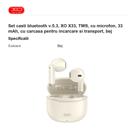 Set casti bluetooth v.5.3, XO X33, TWS, cu microfon, 33 mAh, cu carcasa pentru incarcare si transport, bej [2]