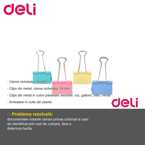 Set clipsuri hartie colorate Deli, 19 mm, culori pastel asortate, pentru organizare documente la birou [1]