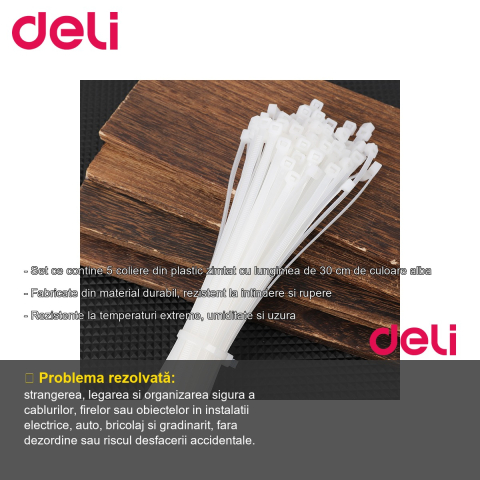 Set coliere plastic zimtate Deli, 5 bucati x 300 mm, albe, pentru gestionare cabluri si fixare obiecte [1]