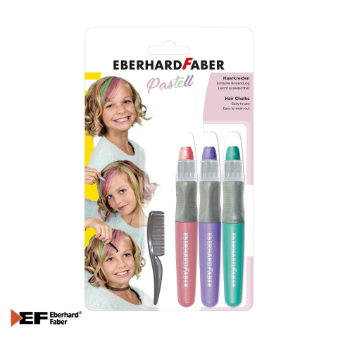 Machiaj temporar si efecte speciale - Set colorare par Eberhard Faber, 3 creioane pastel cu pieptan inclus, roz violet turcoaz, pentru petreceri si evenimente