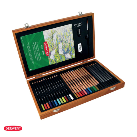 Birotica papetarie - Set complet desen Derwent Academy, 35 piese, in cutie din lemn