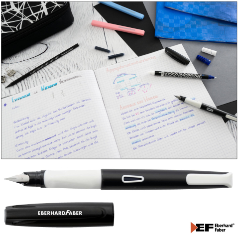 Set Complet Stilou Scolar Eberhard Faber NXT cu 2 Cartuse Cerneala, Stergator (Pic), Penita M, Grip Antiderapant, pentru Dreptaci si Stangaci, Alb cu Negru [3]