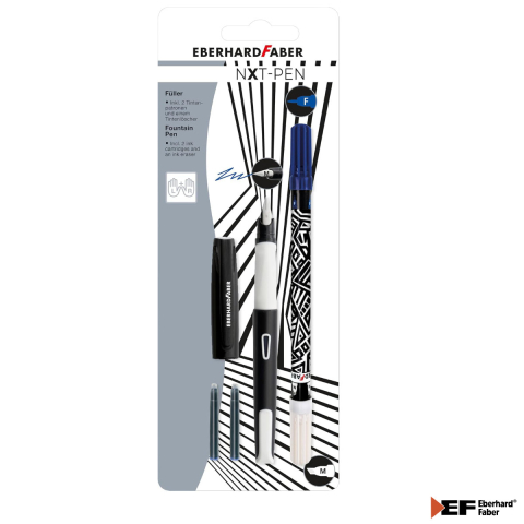 Set Complet Stilou Scolar Eberhard Faber NXT cu 2 Cartuse Cerneala, Stergator (Pic), Penita M, Grip Antiderapant, pentru Dreptaci si Stangaci, Alb cu Negru [1]