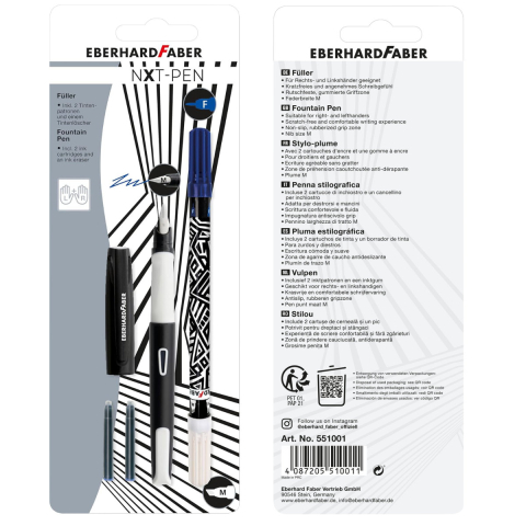 Set Complet Stilou Scolar Eberhard Faber NXT cu 2 Cartuse Cerneala, Stergator (Pic), Penita M, Grip Antiderapant, pentru Dreptaci si Stangaci, Alb cu Negru [4]