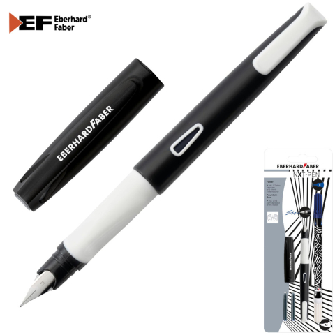 Instrumente de scris - Set Complet Stilou Scolar Eberhard Faber NXT cu 2 Cartuse Cerneala, Stergator (Pic), Penita M, Grip Antiderapant, pentru Dreptaci si Stangaci, Alb cu Negru