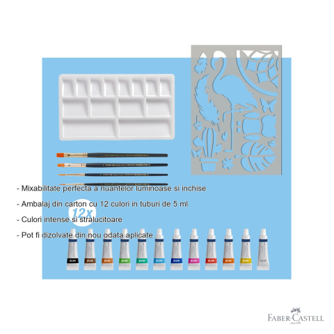 Set creativ tempera Faber-Castell, 18 piese, 12 culori x 5 ml cu pensule si sablon, pentru copii [1]