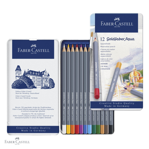Set creioane colorate acuarela Faber-Castell Goldfaber Aqua, 12 culori, cutie metal, pentru tehnici mixte [3]