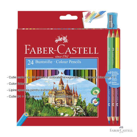 Set creioane colorate Faber-Castell, 24 culori + 3 bicolore + ascutitoare, pentru scoala si desen creativ [1]
