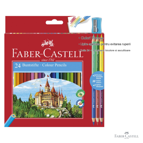 Set creioane colorate Faber-Castell, 24 culori + 3 bicolore + ascutitoare, pentru scoala si desen creativ [2]
