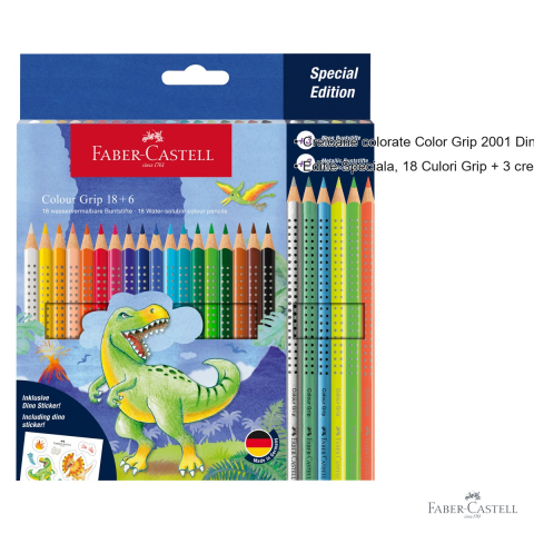 Set creioane colorate Faber-Castell Color Grip 2001 Dinozauri 18+6 culori, editie speciala cu neon si metalice, pentru copii [2]