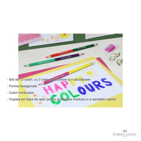 Set creioane colorate Faber-Castell Eco, 12+3 culori bicolore cu ascutitoare, pentru copii [1]