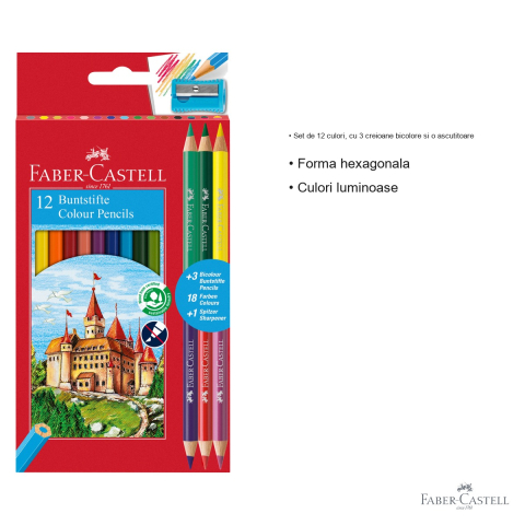 Set creioane colorate Faber-Castell Eco, 12+3 culori bicolore cu ascutitoare, pentru copii [2]