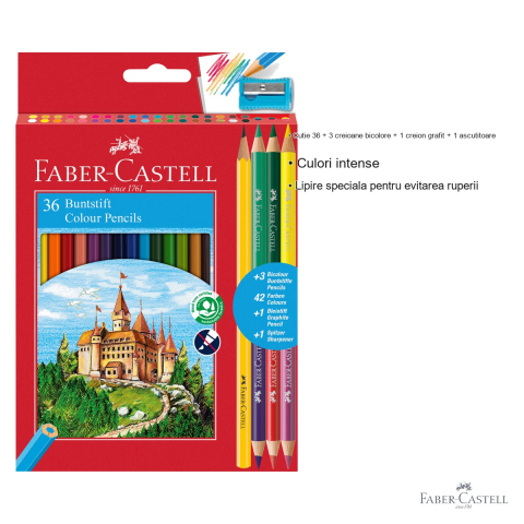 Set creioane colorate Faber-Castell Eco, 36 culori + 3 bicolore + grafit, cu ascutitoare, pentru scoala si desen [2]