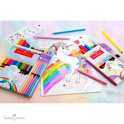 Set creioane colorate Faber-Castell Unicorni, 10 culori clasice + 3 pastel, cu stickere, pentru copii [3]