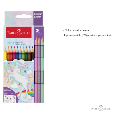 Set creioane colorate Faber-Castell Unicorni, 10 culori clasice + 3 pastel, cu stickere, pentru copii [2]