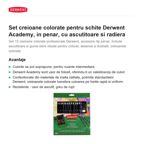 Set creioane colorate pentru schite Derwent Academy, in penar, cu ascutitoare si radiera [1]