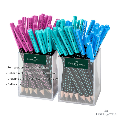 Set creioane grafit Jumbo Grip Two-Tone Faber-Castell, mina B, forma triunghiulara ergonomica, pahar plexiglas 2x36 buc [1]