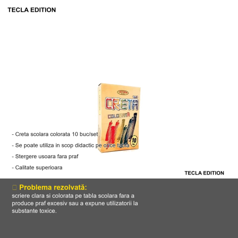 Set creta scolara colorata Tecla Edition, 10 bucati/set, non-toxica, stergere usoara fara praf, pentru tabla [1]