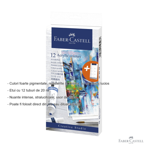 Set culori acrilice Faber-Castell, 12 tuburi x 20ml, pigmentare intensa, pentru arta si hobby [1]