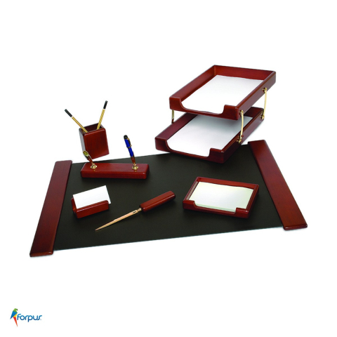 Birotica papetarie - Set de birou Forpus din lemn, 8 piese, mapa 66x42 cm, maro